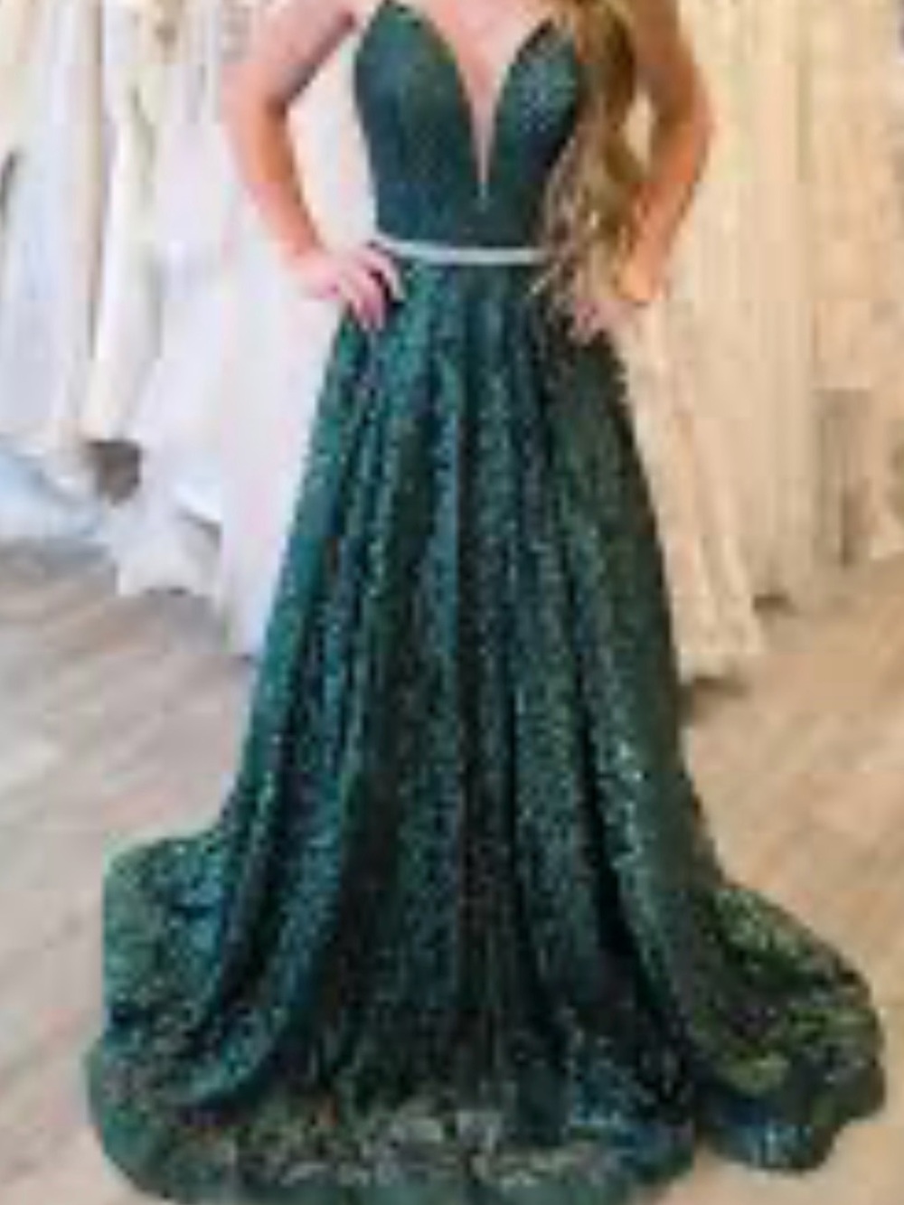 Green Sparkle V-Neck Evening Gown